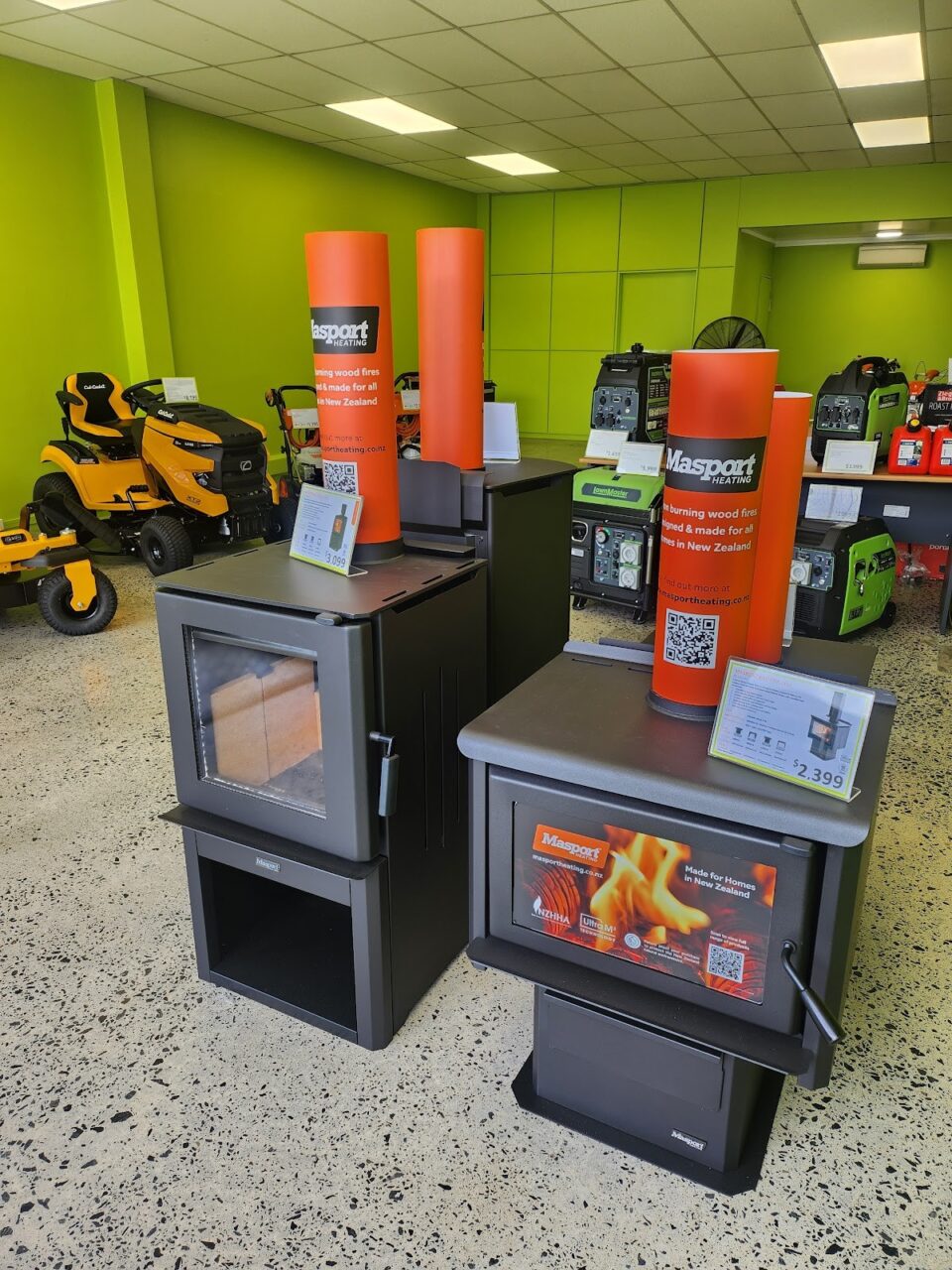Stihl Shop Whangarei - Masport wood fires in the showroom in Whangarei